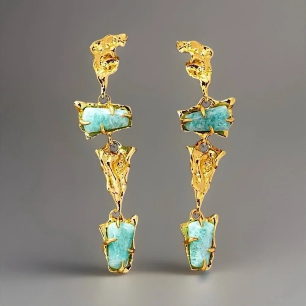 ALEXIS BITTAR • Brut Crumpled Gold Tumbled Green Blue Gemstone Drop Earrings